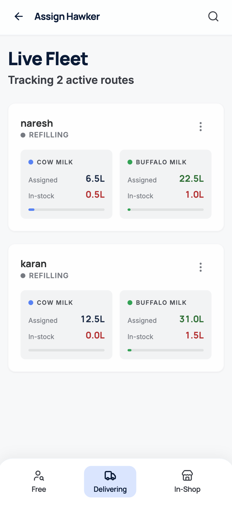 DairyTech लाइव फ़्लीट और रूट स्क्रीन